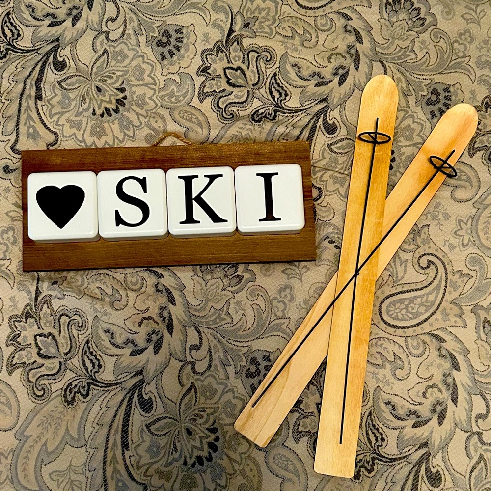 Ski lodge decor wooden skis and sign